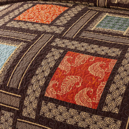 NEWLAKE Cotton Patchwork Bedspread, 3-Piece Bedding Quilt Set with Real Stitched Embroidery