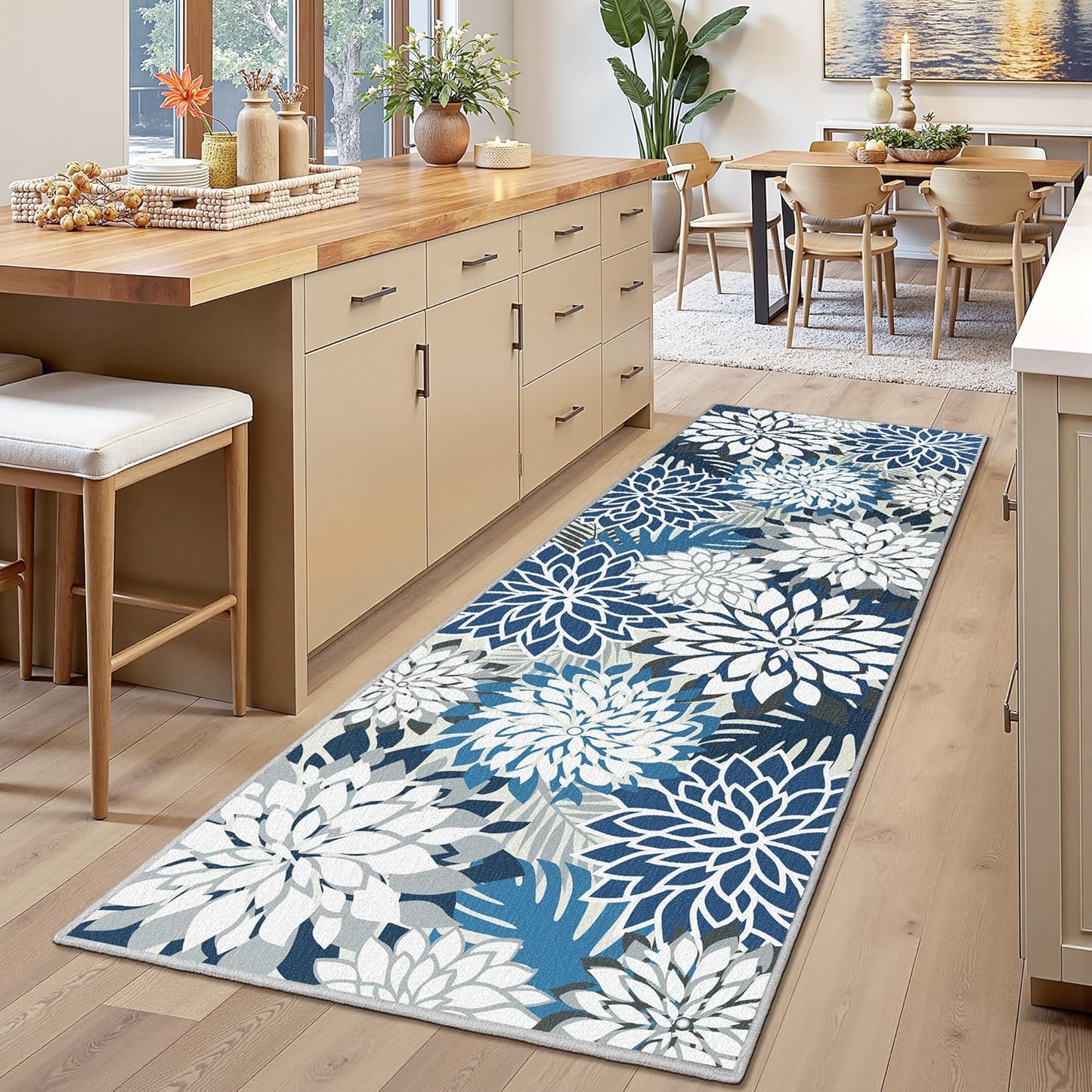 Area Rug 2x6 Blue White Washable Entry Rug Multicolored Tropical Botanical Modern Floral Indoor