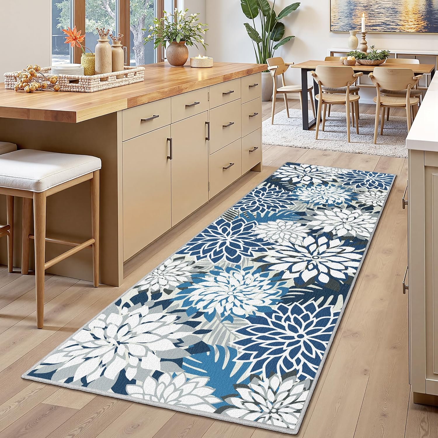 Area Rug 2x6 Blue White Washable Entry Rug Multicolored Tropical Botanical Modern Floral Indoor