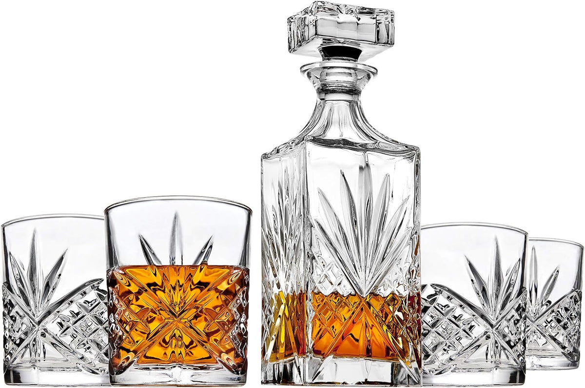 Godinger Dublin Whiskey Decanter, Liquor Decanter with 4 Double Old Fashioned Glasses, Barware