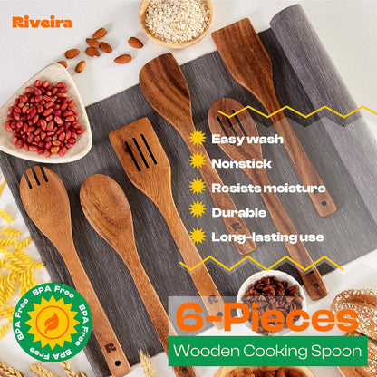Riveira Walnut Wooden Spoons for Cooking Set of 6 – Natural Walnut Wooden Cooking Utensils