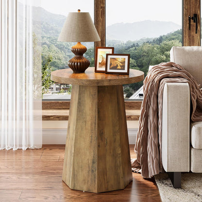 Tribesigns Round Pedestal End Table, Farmhouse Couch Side Table with Octagonal Base, Nightstand