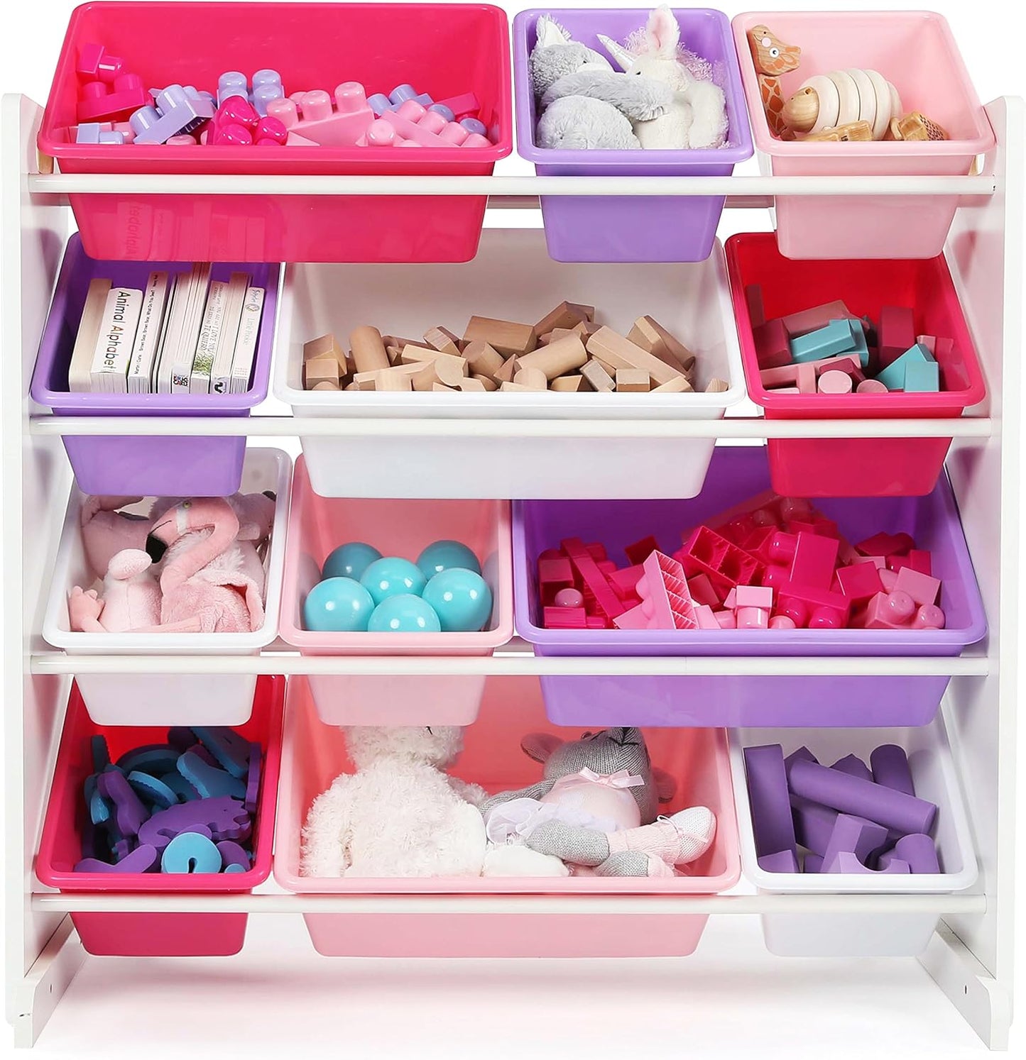 Humble Crew Kids Toy Storage Organizer with 12 Plastic Bins, White/Pink/Purple – Removable Bins for