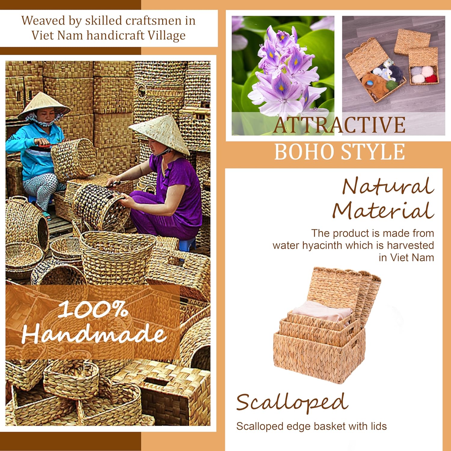 Set of 3 Scalloped Edge Wicker Basket with Lid, Rectangle Wicker Storage Basket with Built-in