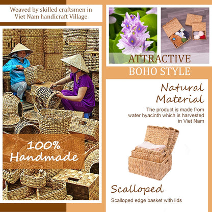 Set of 3 Scalloped Edge Wicker Basket with Lid, Rectangle Wicker Storage Basket with Built-in