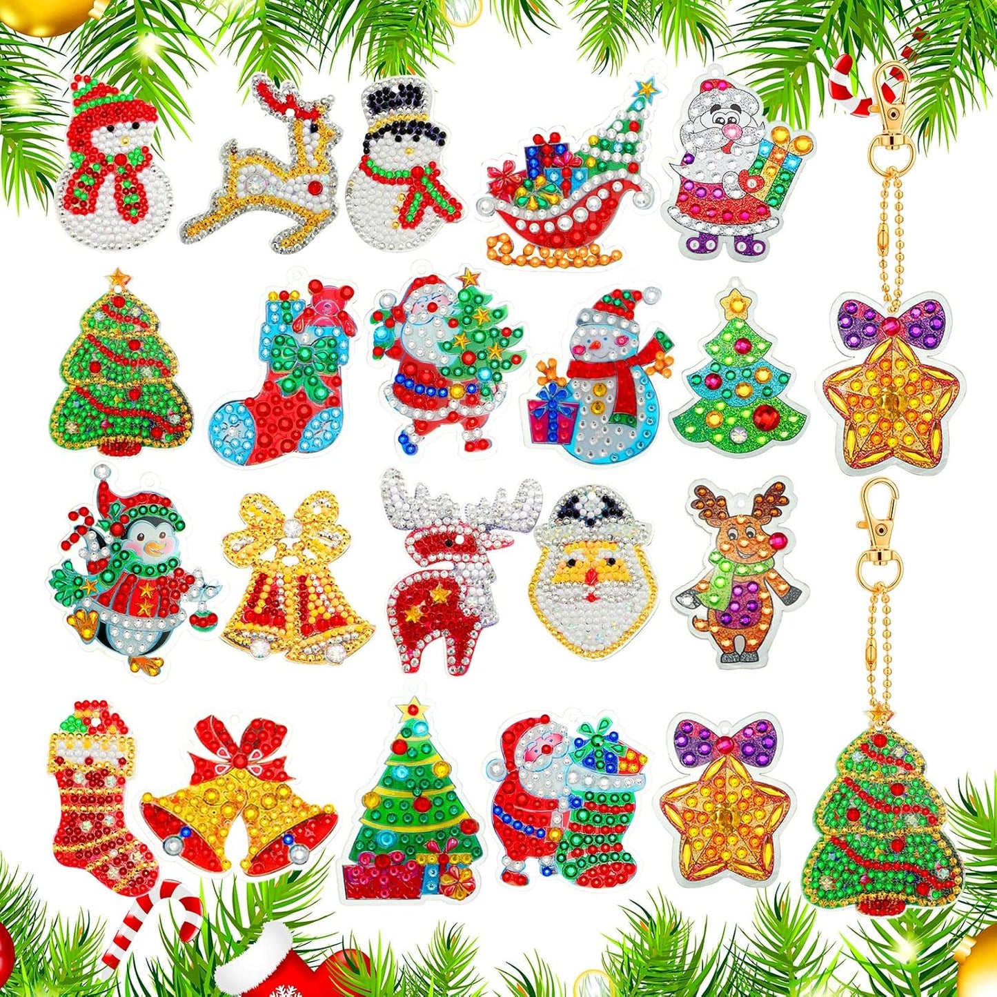 Chuangdi 20 Pieces Christmas Diamond Painting Ornaments Christmas Tree Diamond Art Kits 5d Double