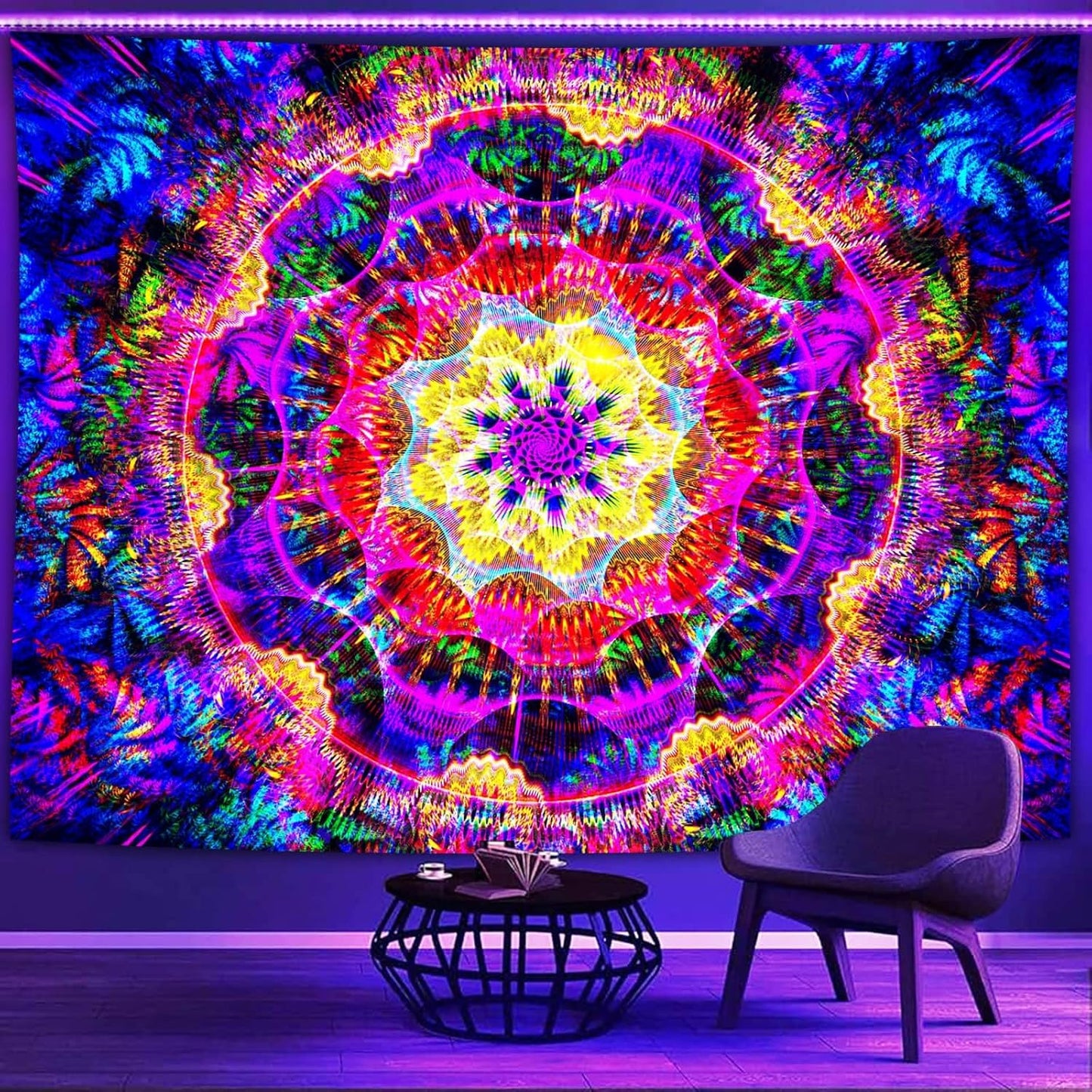PSYHILAR Blacklight Mandala Tapestry for Bedroom, Psychedelic Black Light Posters for Adults and