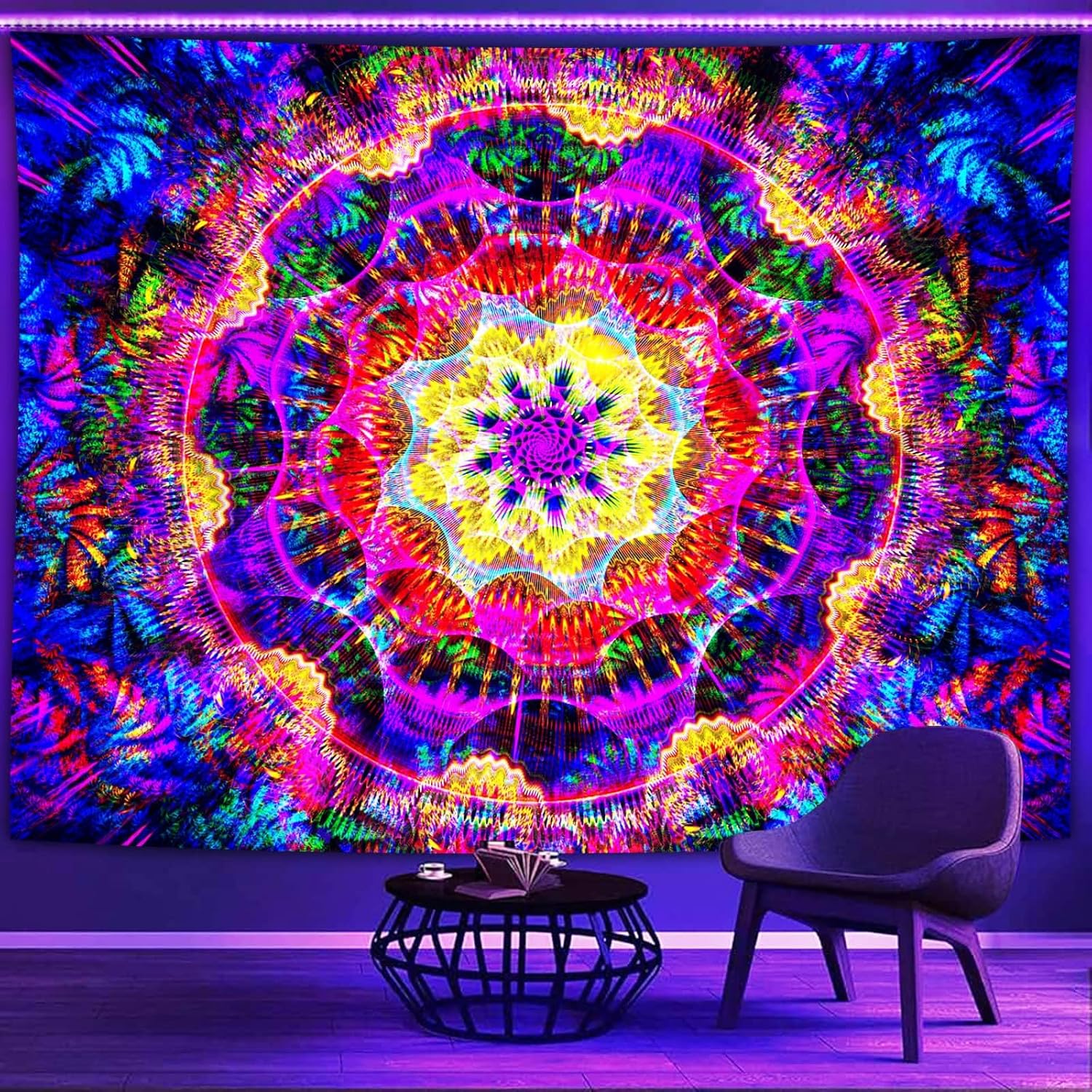 PSYHILAR Blacklight Mandala Tapestry for Bedroom, Psychedelic Black Light Posters for Adults and