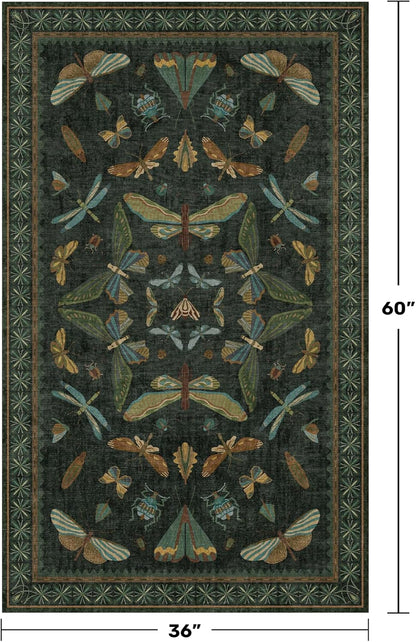 Green and Black Entryway Rug - 3x5 Throw Rug for Large Kitchen, Entry Way, Mudroom, Dark Unique