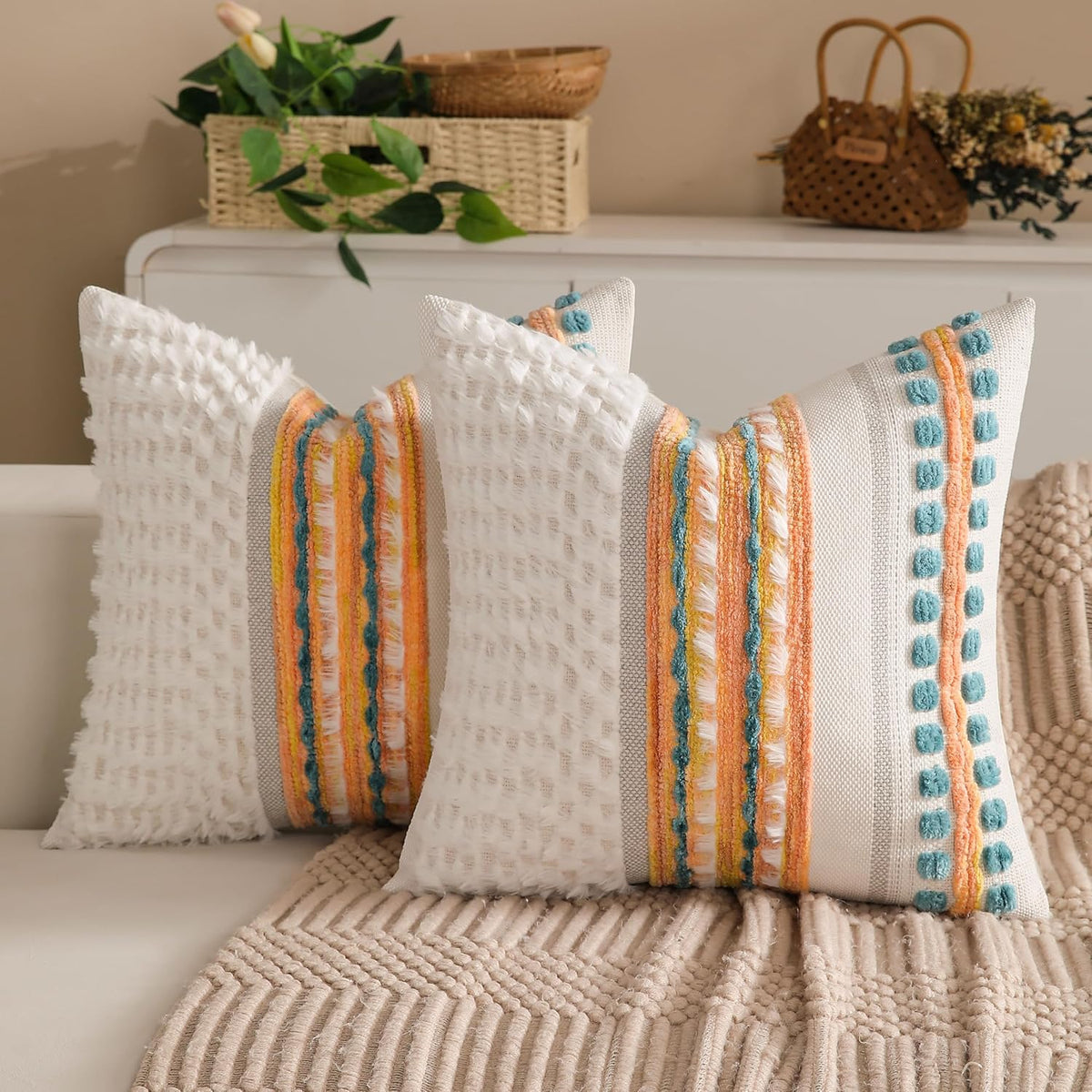 Boho Chenille Tufted Couch Throw Pillow Covers 18x18 Inch Set of 2 Farmhouse Striped Decorative