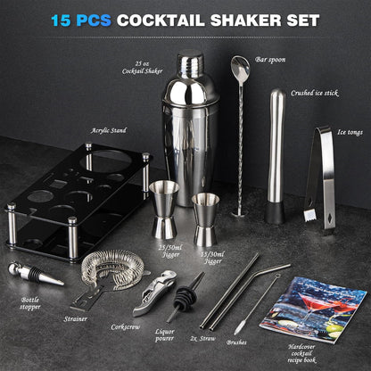 Cocktail Shaker Set Bartender Kit : 15-Piece Stainless Steel Bartender Kit with Acrylic Stand Bars
