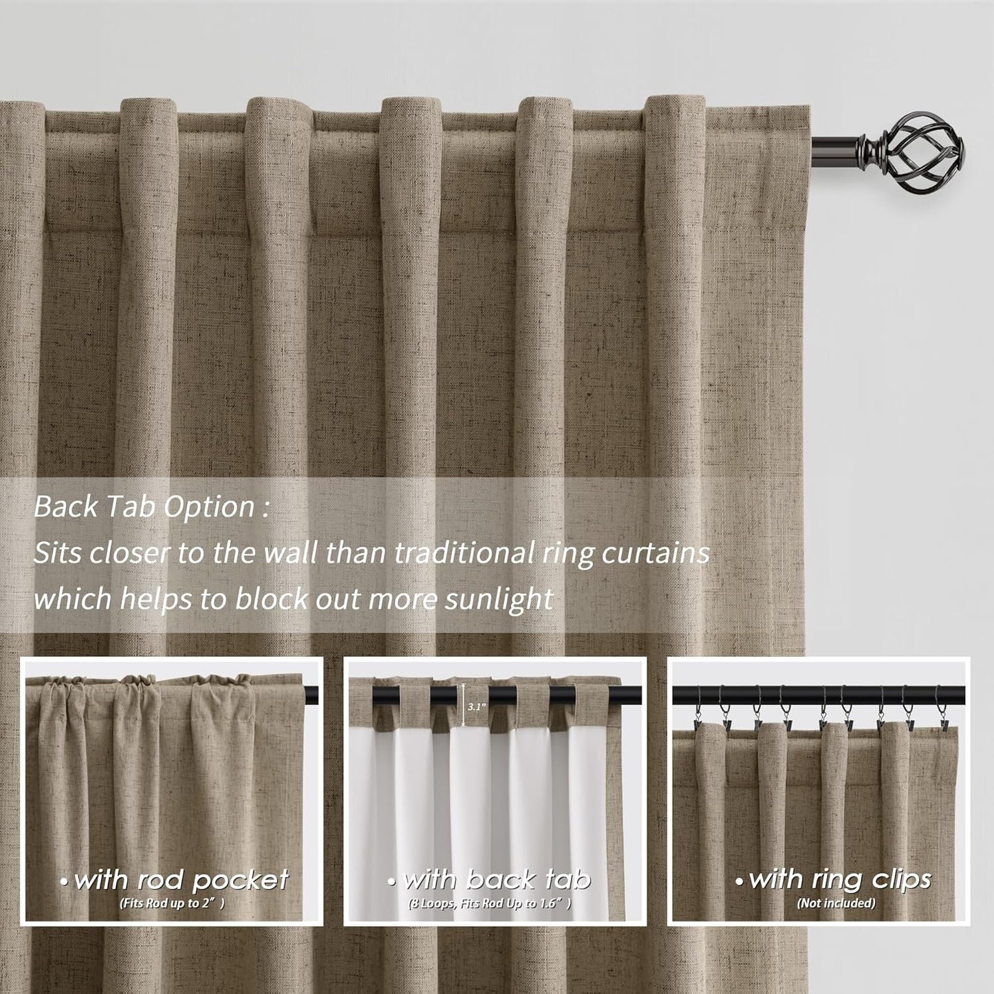 BOODII Room Darkening Curtains Matcha Brown Black Out Curtains 96 Inches Long 2 Panel Set Back Tab