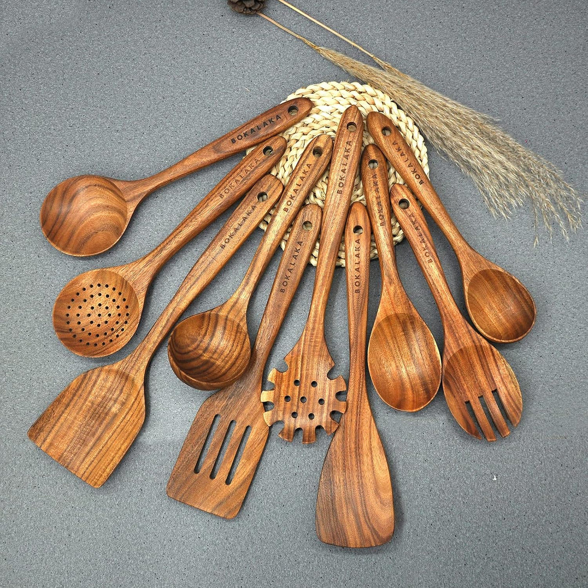 Wooden Spoons for Cooking,10 Pcs Natural Teak Wooden Kitchen Utensils Set Wooden Utensils for