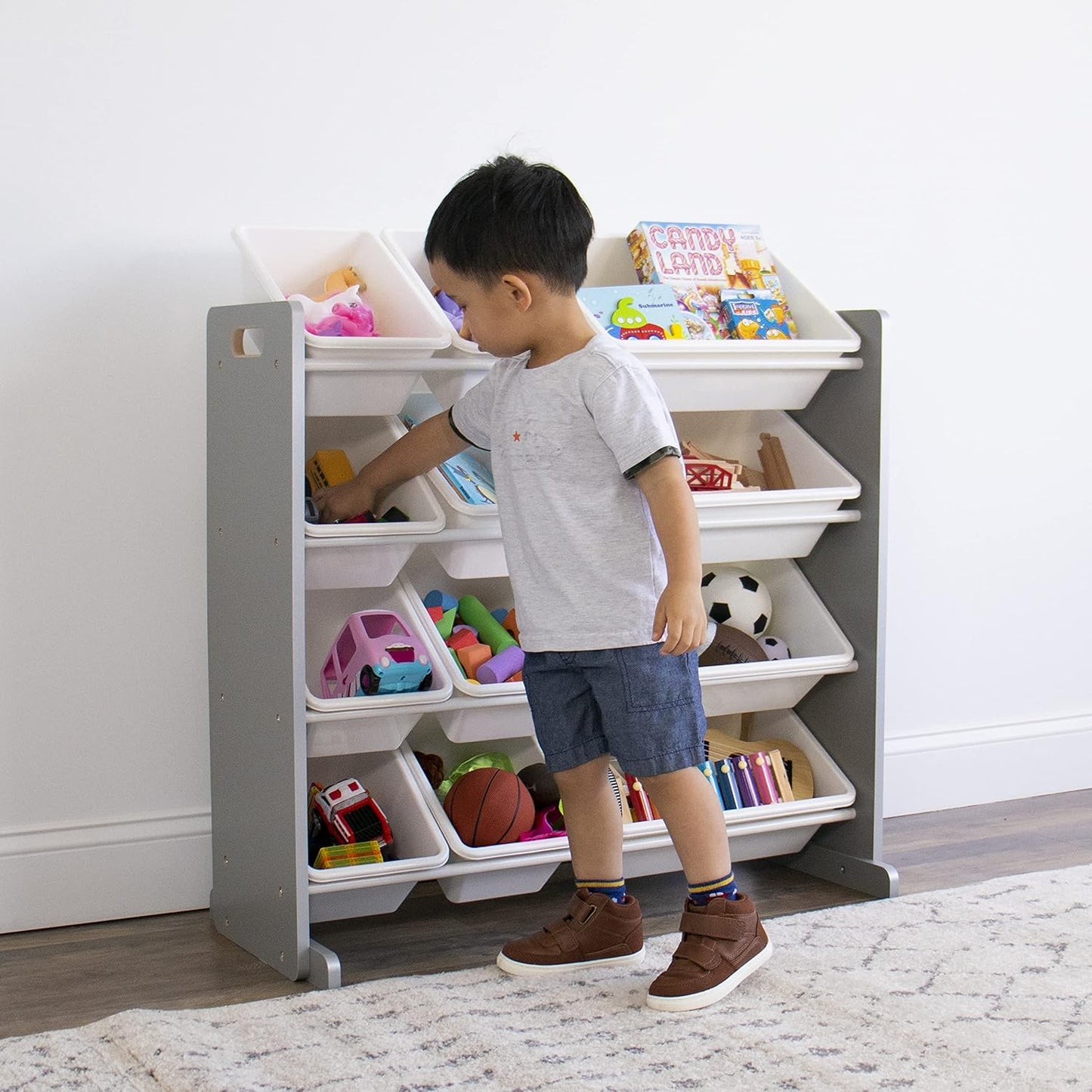 Humble Crew Kids Toy Storage Organizer with 12 Plastic Bins, Grey/White – Removable Bins for
