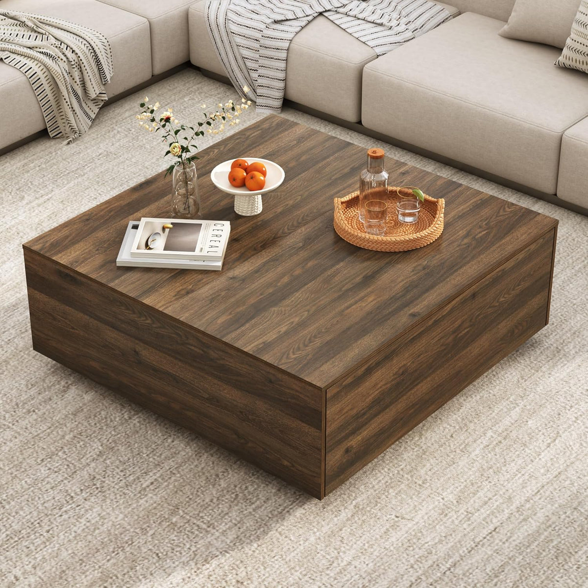 43” Square Coffee Table with Storage, Modern Large Square Center Table with 2 Drawers, Wood Coffee