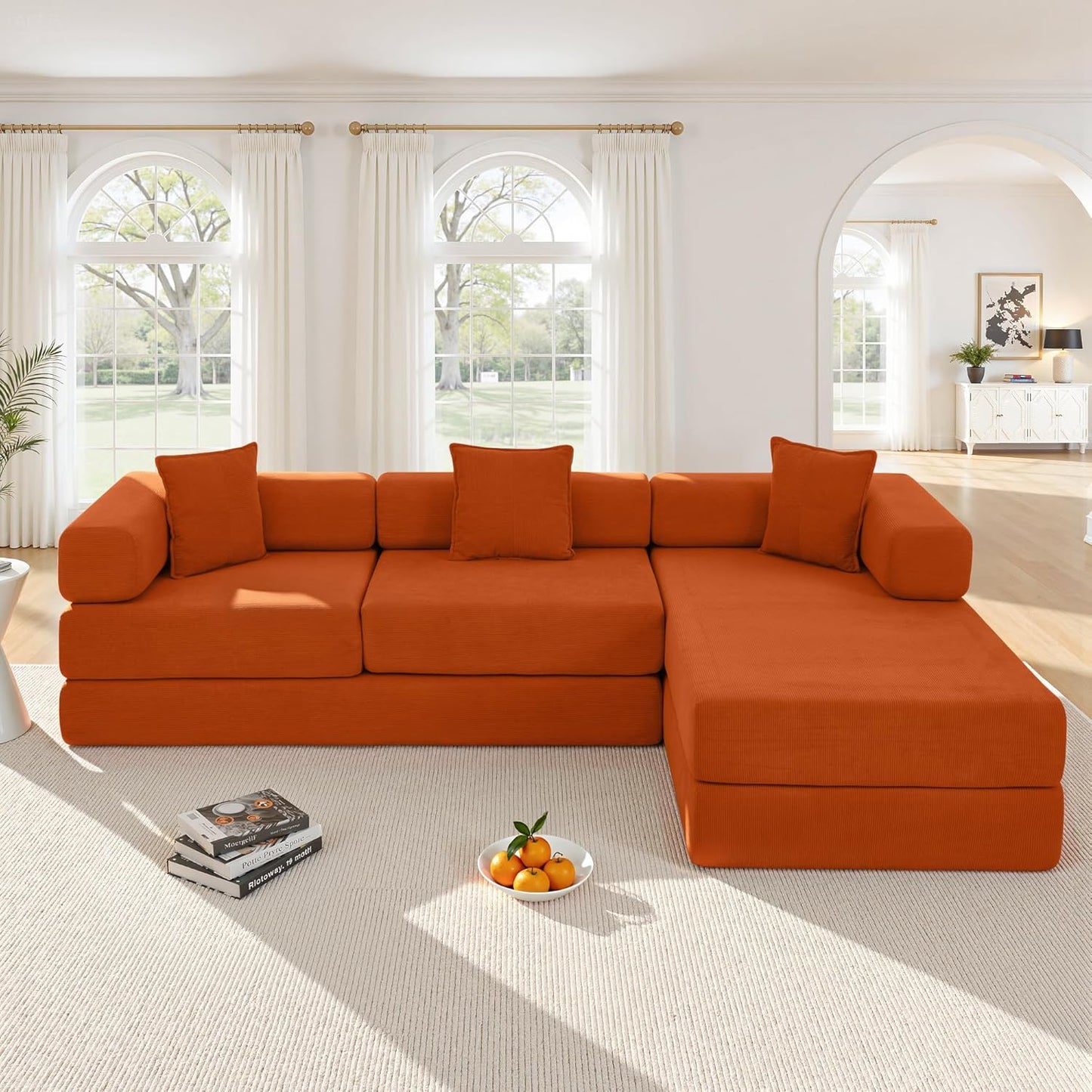 108" Oversized Convertible Sleeper Sofa Bed, Corduroy L Shape Sectional Couch, Folding Sofa Bed