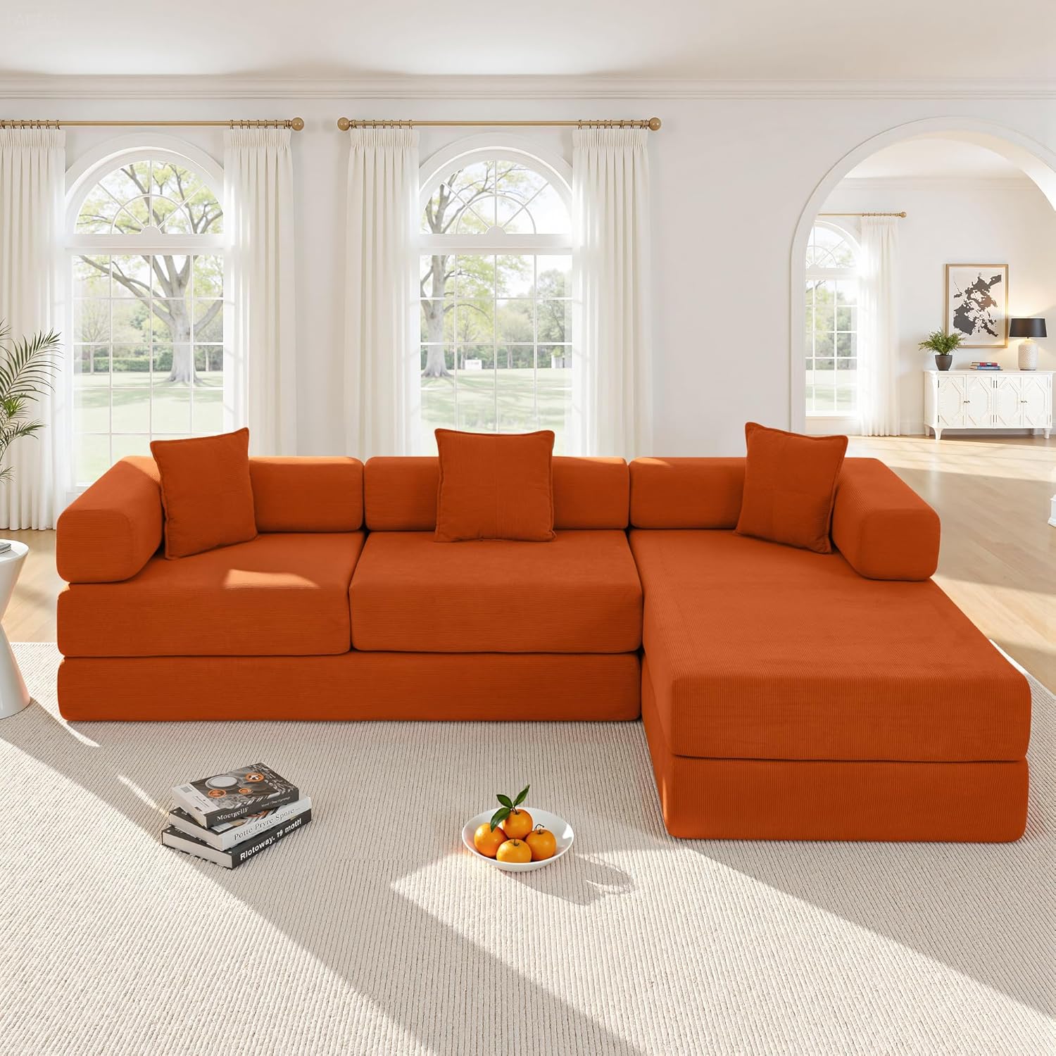 108" Oversized Convertible Sleeper Sofa Bed, Corduroy L Shape Sectional Couch, Folding Sofa Bed