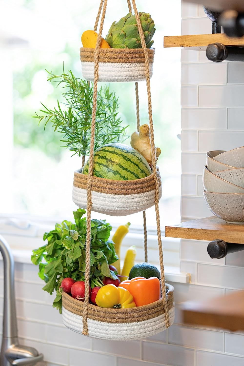 CEDAR+PINE 3-Tier Lined Hanging Fruit Basket Natural Woven Cotton with Strong Jute Rope Hanger in