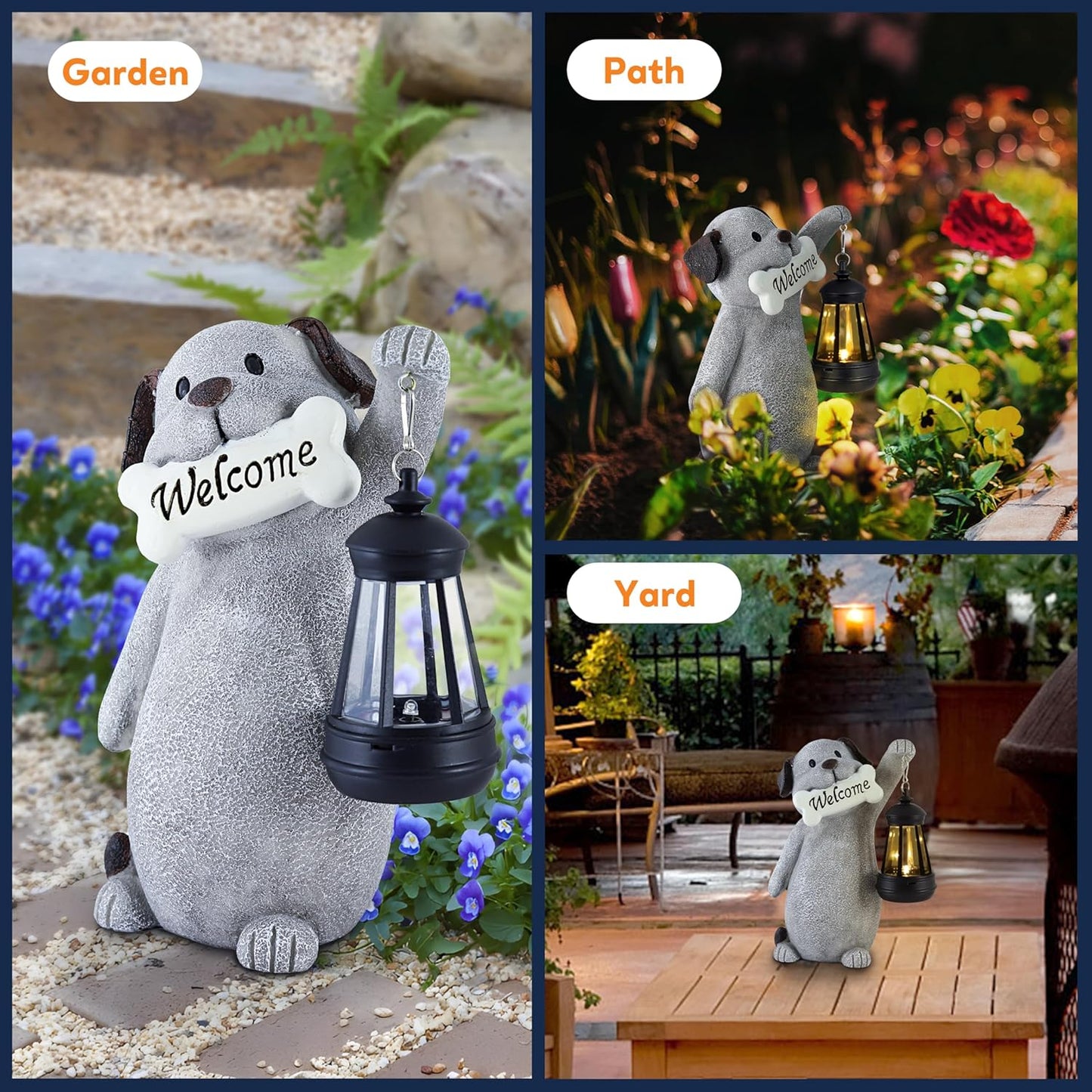 Solar Dog Statues for Garden Decor - Outdoor Dog Figurines with Solar Lantern for Yard Patio Lawn