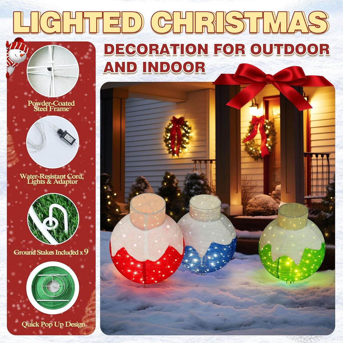 36 Inch Pop-Up Christmas Ball with 90 LED Lights for Outdoor Xmas Decor, 3-Piece Pre-Lit Iridescent