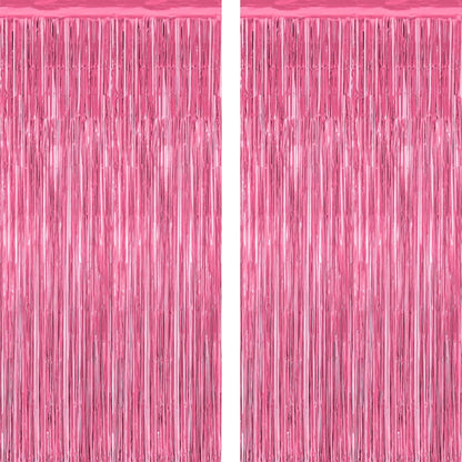 2 Pack Pink Party Decorations, 3.28 FT x 7.05 FT Pink Backdrop, Metallic Tinsel Backdrop Fringe