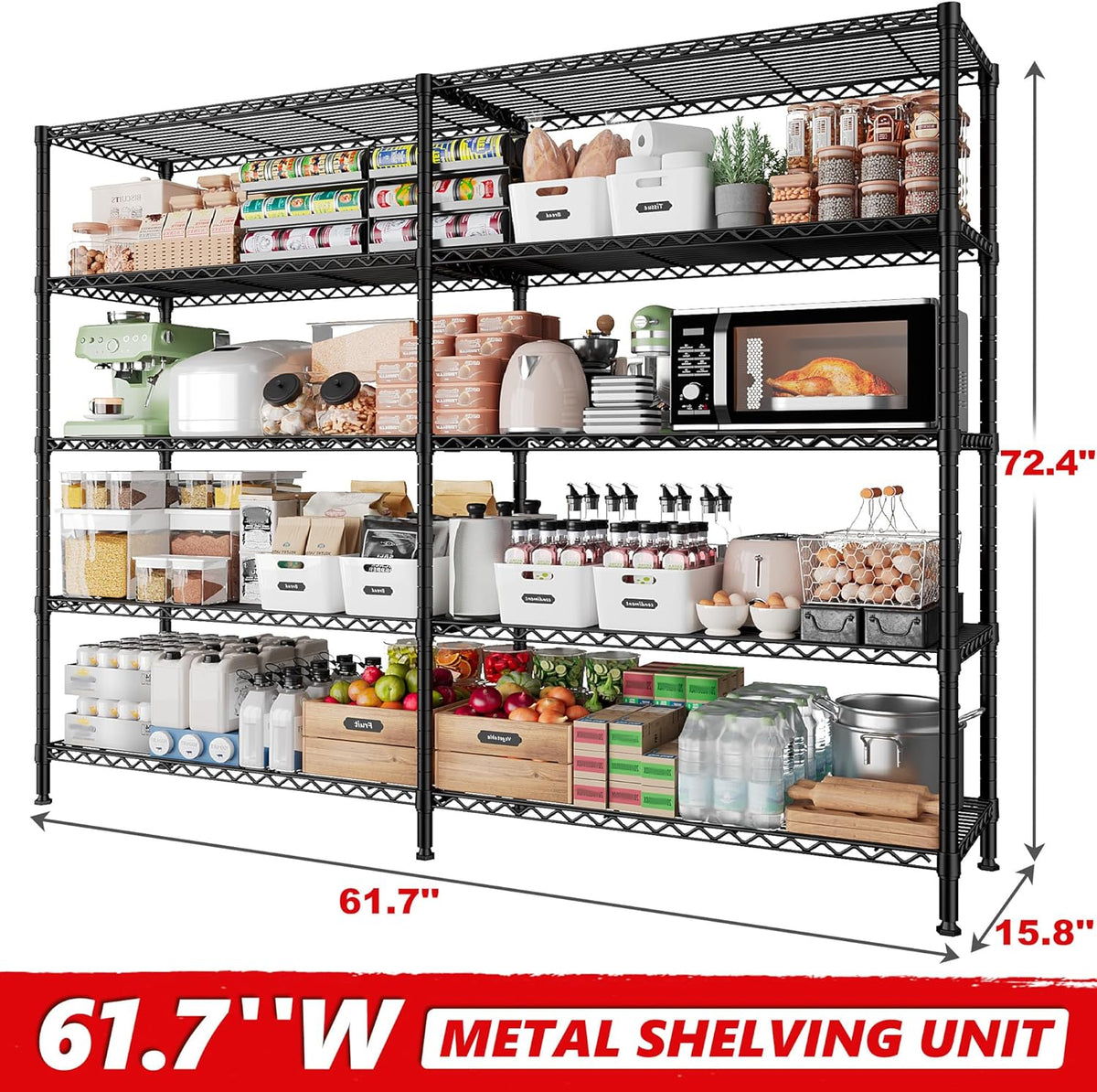 REIBII 1500LBS Storage Shelves Metal Shelving Unit 61.7''W Wire Shelving, 5 Tier Pantry Shelves