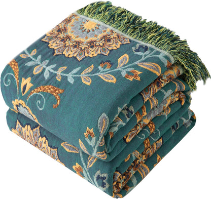 Boho Throw Blanket Twin Size, Soft Cozy Cotton Muslin Quilt Blanket for Bed Decor, Floral Patterned