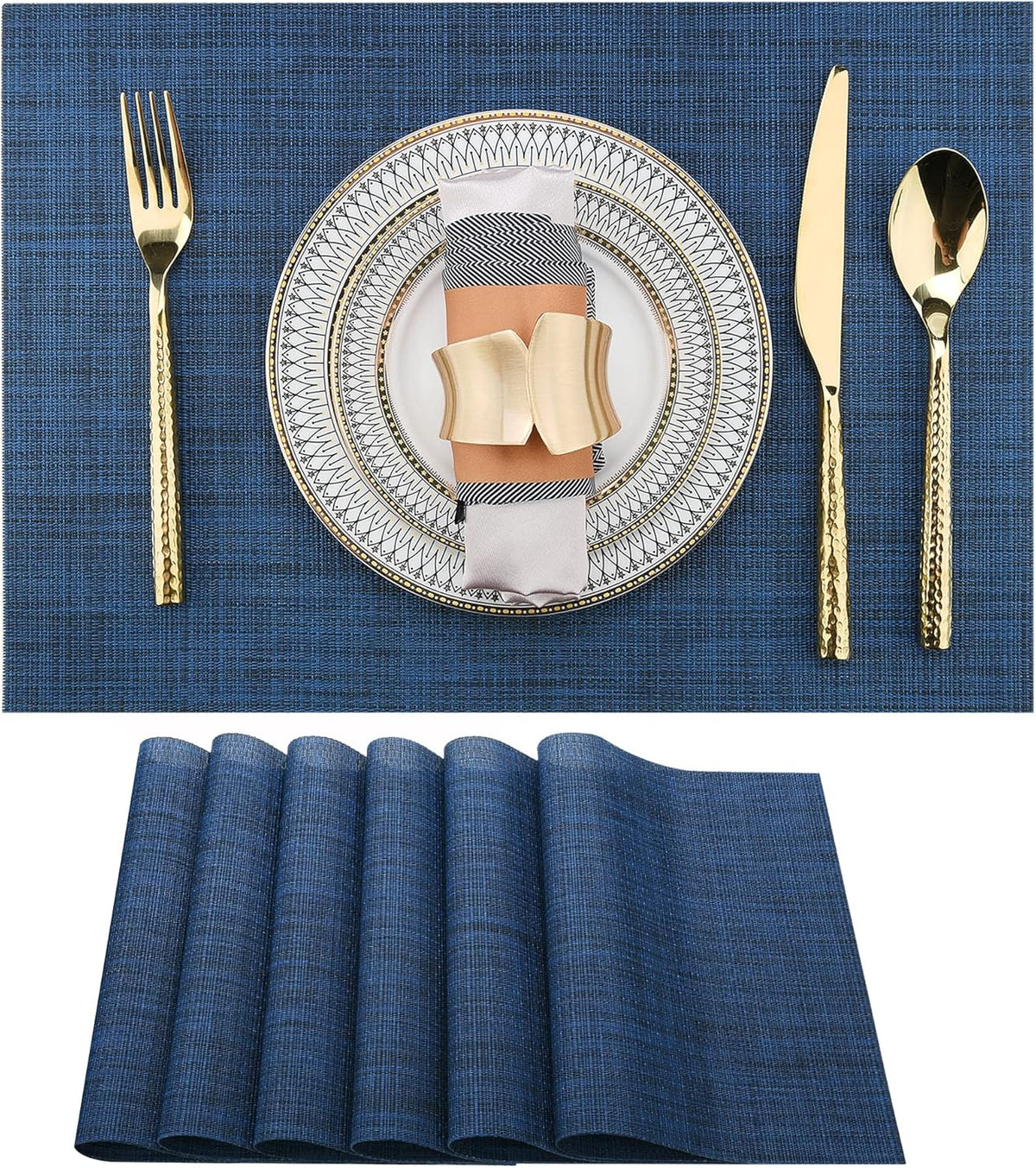 Navy Blue Placemats Set of 6 - Easy Clean Washable Vinyl Placemats - Wipeable Heat Resistant Table