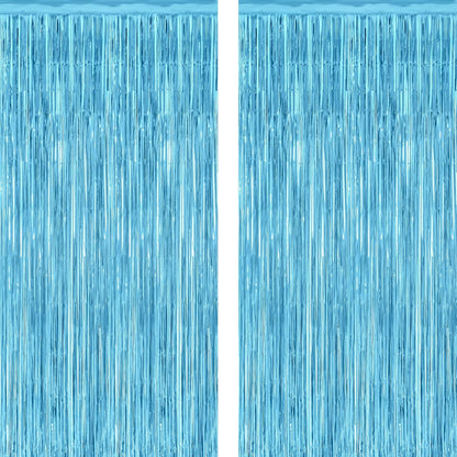 2 Pack Backdrop Curtains, 3.28 Feet x 7.05 Feet Sky Blue Tinsel Backdrop, Metallic Fringe Curtains