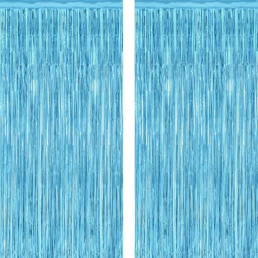 2 Pack Backdrop Curtains, 3.28 Feet x 7.05 Feet Sky Blue Tinsel Backdrop, Metallic Fringe Curtains