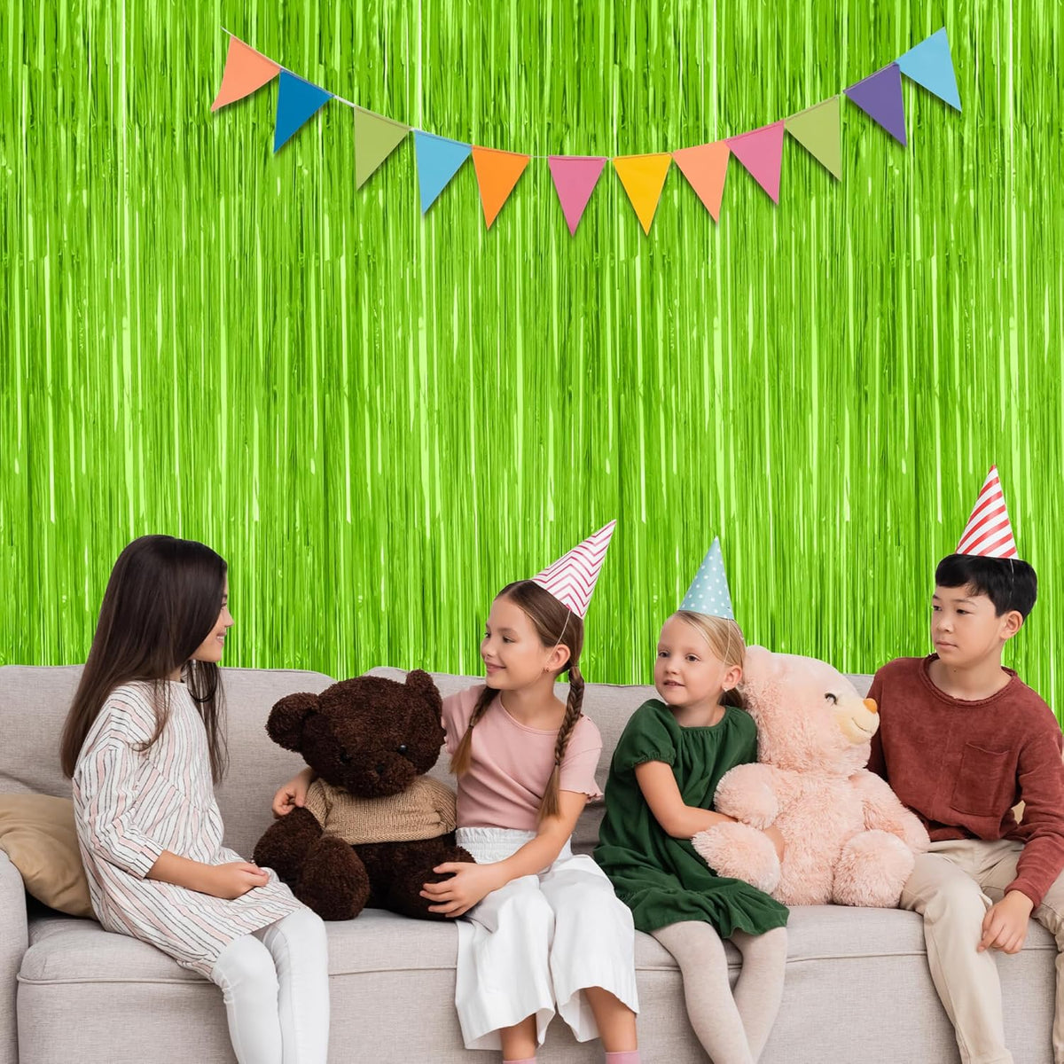 2 Pack Backdrop Curtains, 3.28 Feet x 7.05 Feet Grass Green Fringe Curtains, Metallic Tinsel