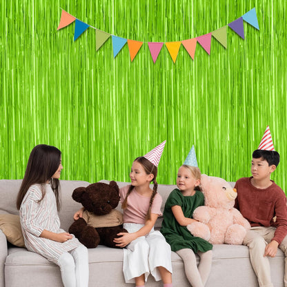 2 Pack Backdrop Curtains, 3.28 Feet x 7.05 Feet Grass Green Fringe Curtains, Metallic Tinsel