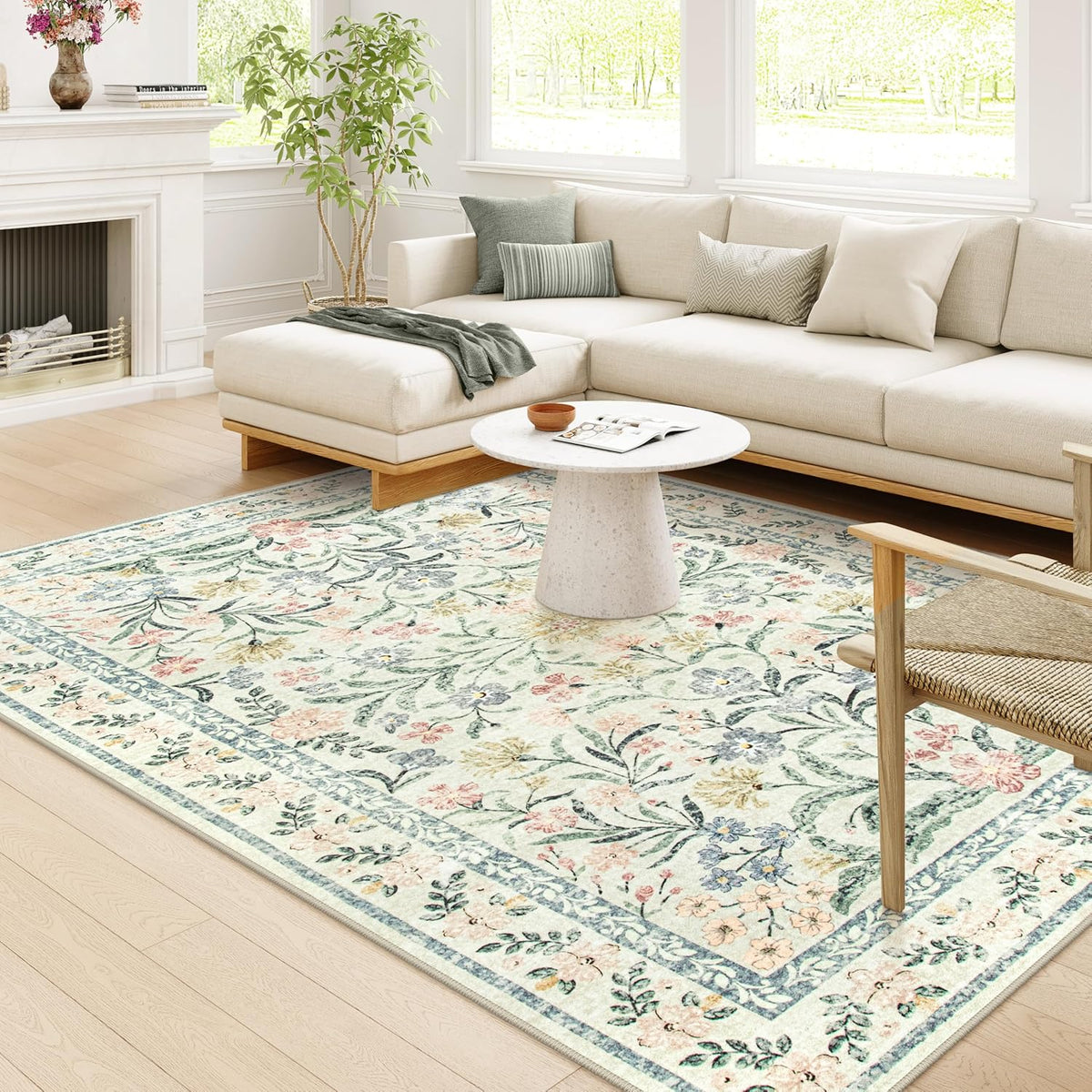 Wonnitar Large Washable 8x10 Rug, Boho Living Room Rug 8 x 10, Soft Floral Carpet for Bedroom Non