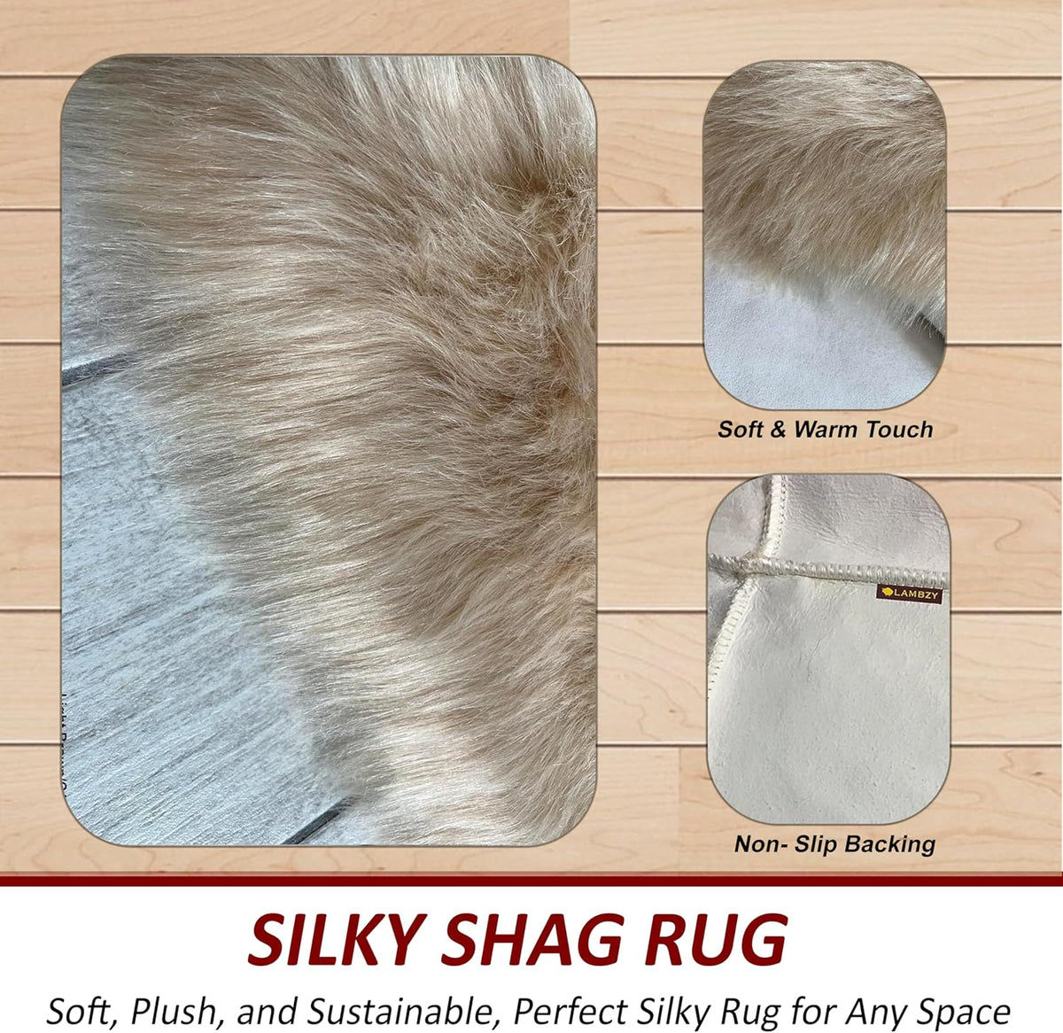 LAMBZY Faux Sheepskin Hypoallergenic Free Shape Silky Shag Rug, Luxury Shaggy Silky Plush Carpet