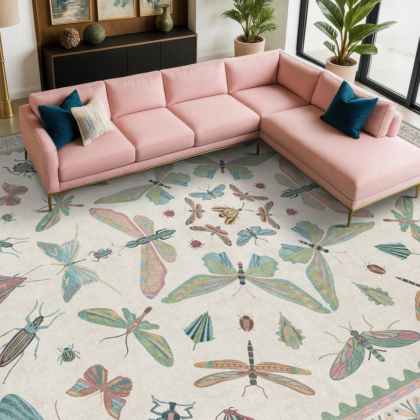 Green Butterfly Rugs for Girls Bedroom - 8x10 Floral Area Rug for Living Room, Dining Room Under