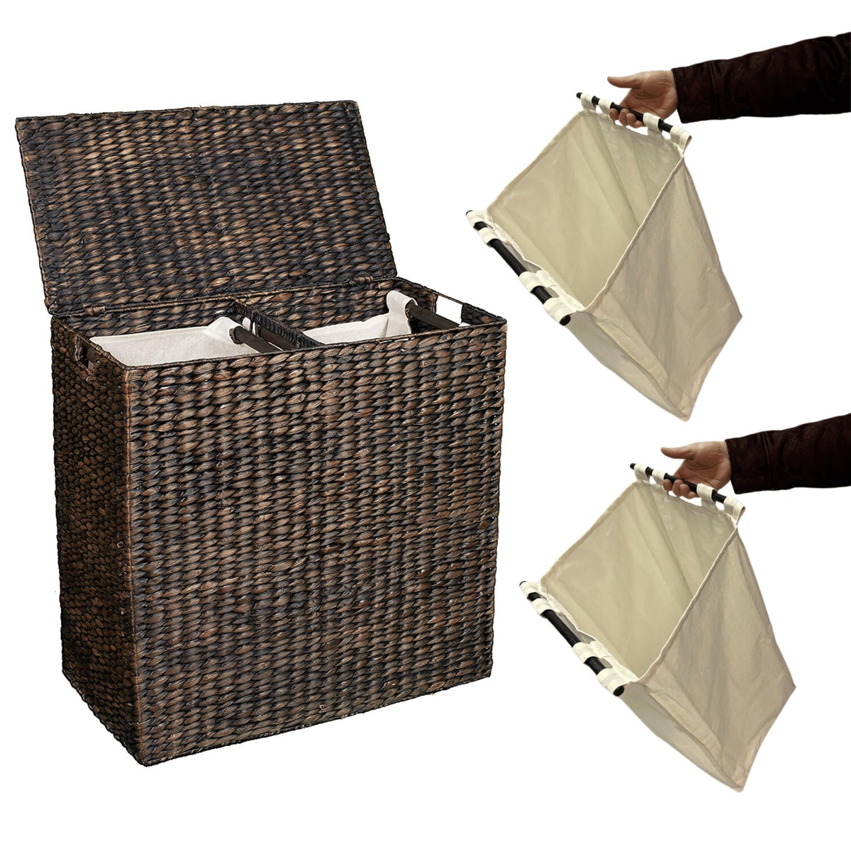 BirdRock Home Water Hyacinth Laundry Hamper Divided Interior (Espresso) | Eco-Friendly | Made of