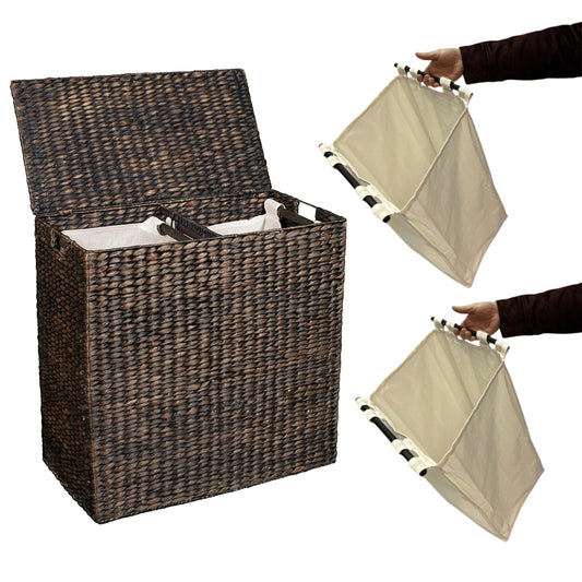 BirdRock Home Water Hyacinth Laundry Hamper Divided Interior (Espresso) | Eco-Friendly | Made of