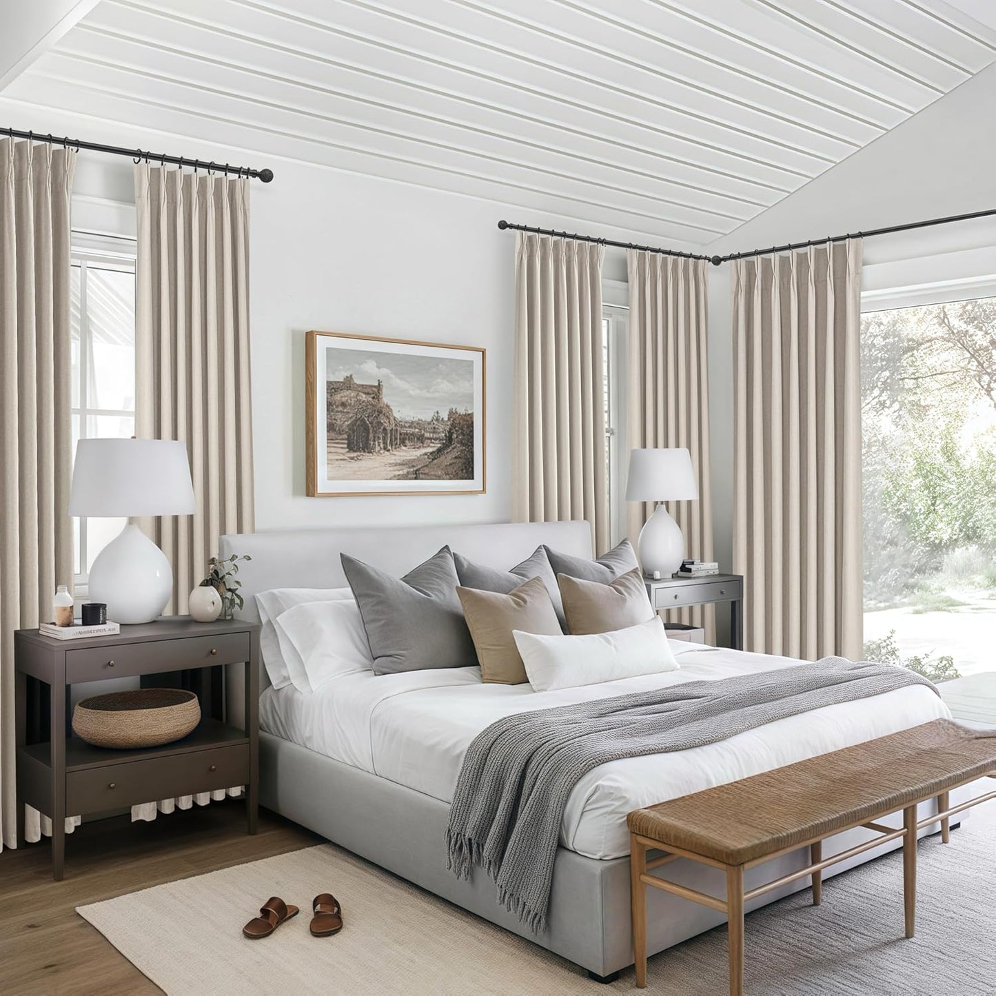 Grey Beige Linen Pinch Pleated Viral Thick Curtains Blackout & Drapes 84 Inch Length 2 Panels Set