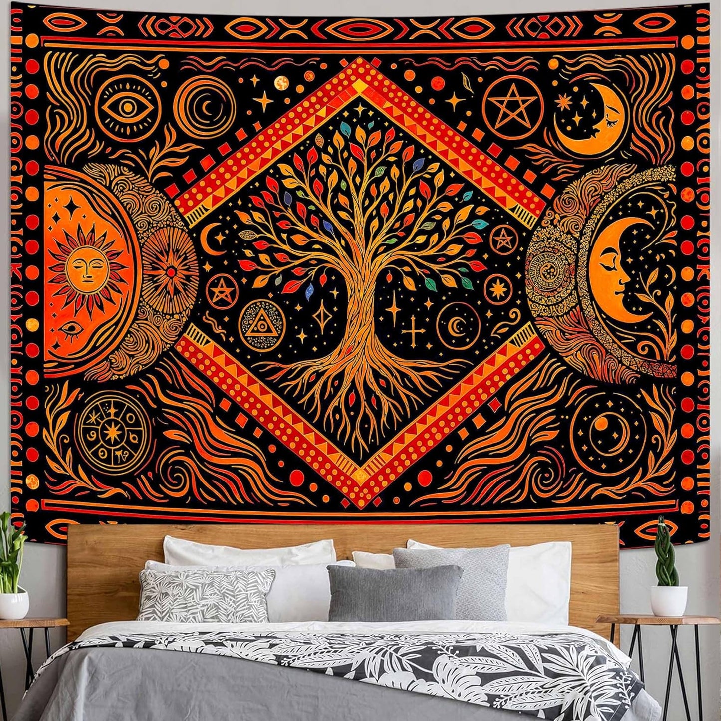 Lunerfex Tree of Life Sun Moon Stars Wall Tapestry, Cosmic Harmony Symbol Tapestries for Home
