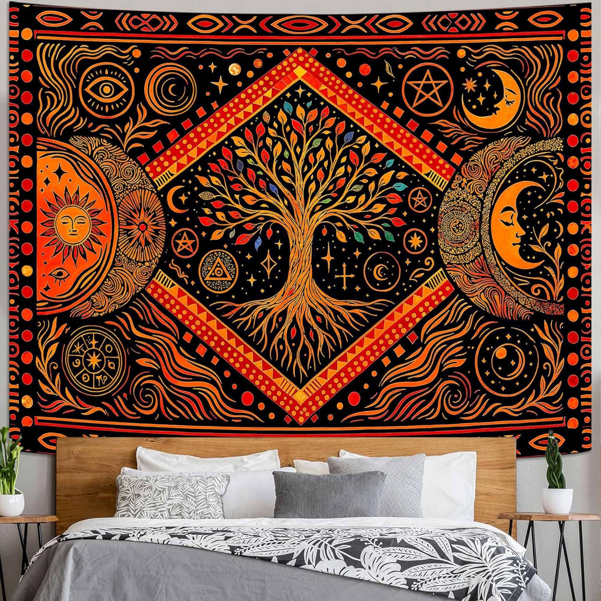 Lunerfex Tree of Life Sun Moon Stars Wall Tapestry, Cosmic Harmony Symbol Tapestries for Home
