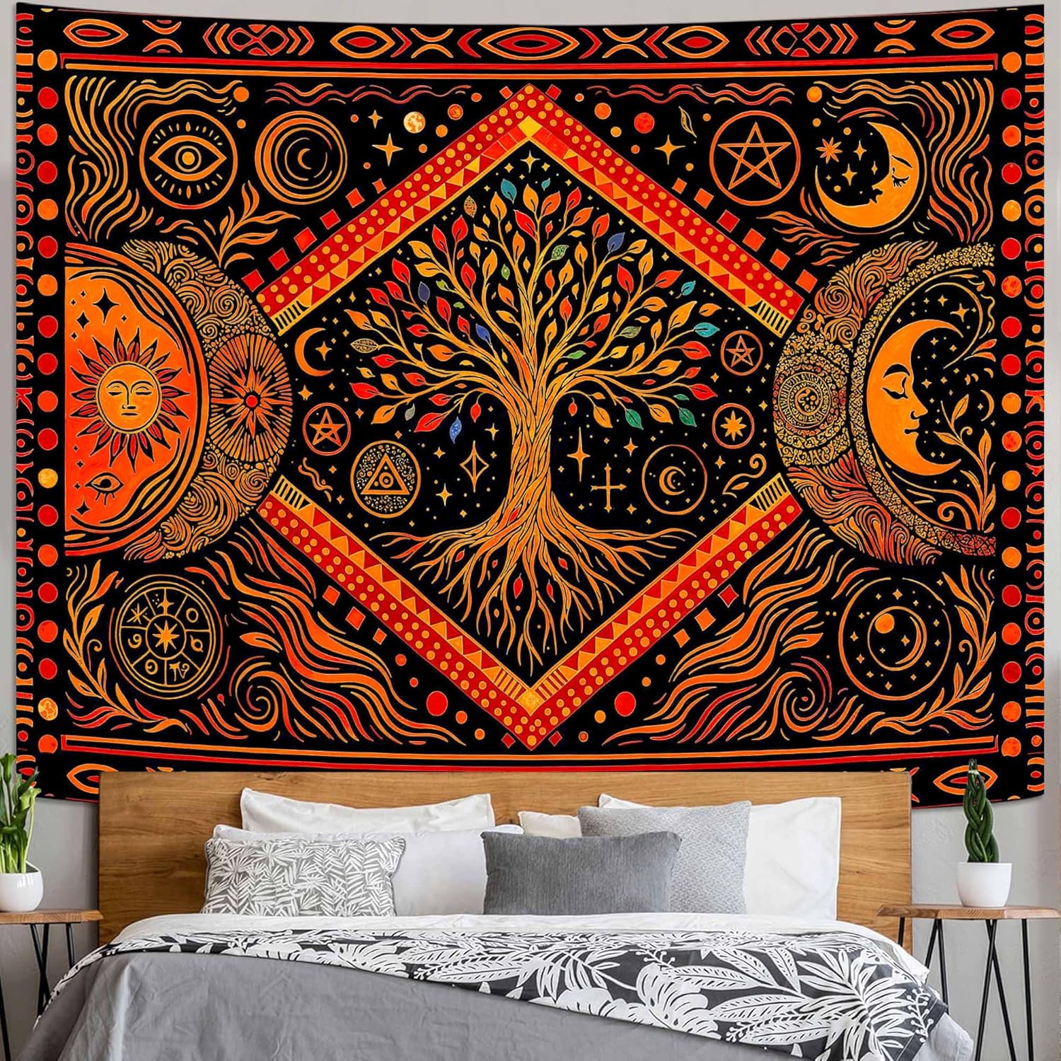 Lunerfex Tree of Life Sun Moon Stars Wall Tapestry, Cosmic Harmony Symbol Tapestries for Home