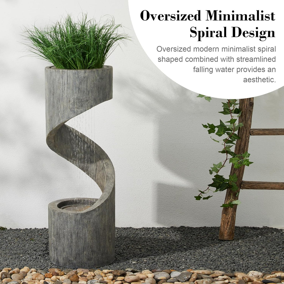 Glitzhome Tiered Outdoor Water Fountain with LED Light, Modern Spiral Outdoor Fountain with Stone