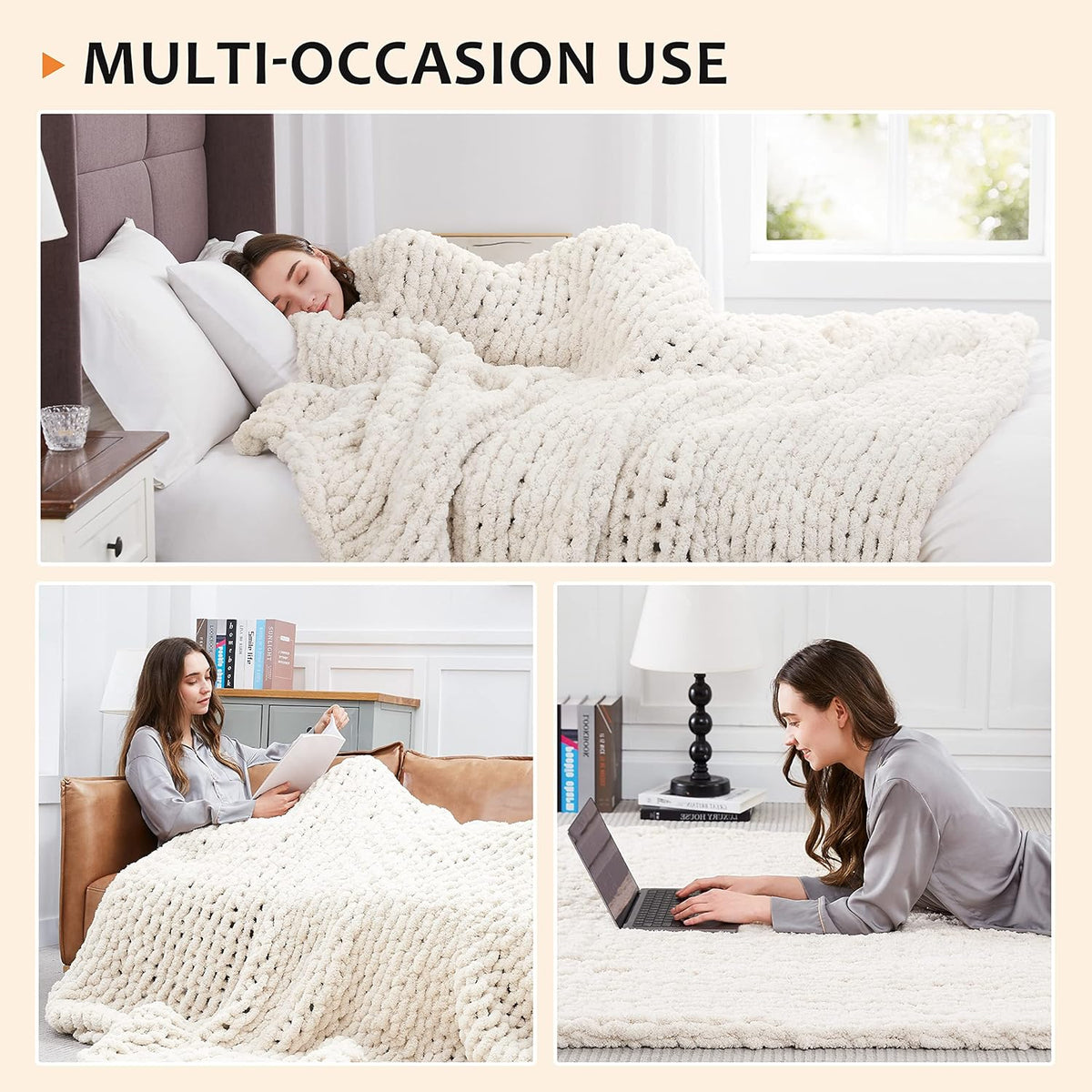 L'AGRATY Chunky Knit Blanket - Soft Chenille Yarn Throws 40x50: Handmade Thick Cable Crochet