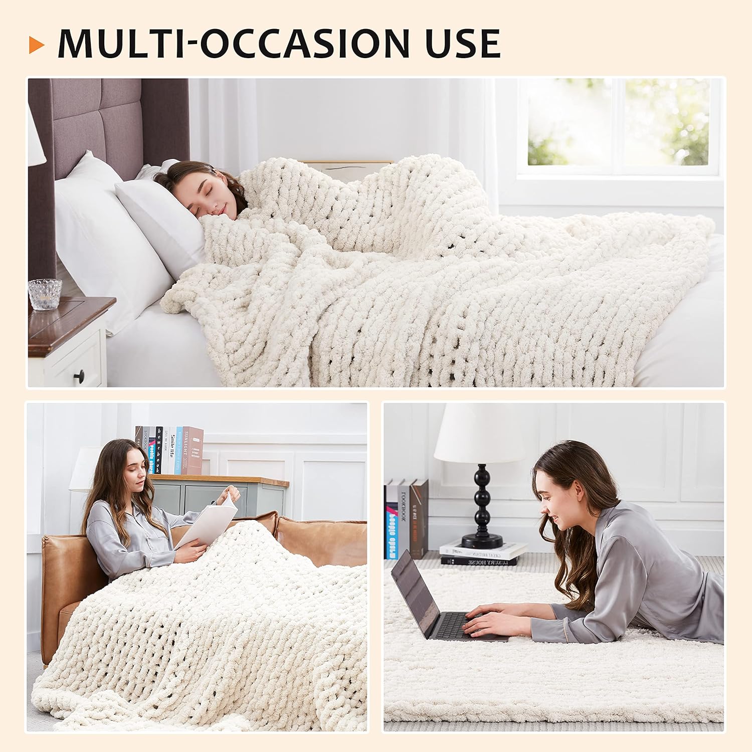 L'AGRATY Chunky Knit Blanket Throw: 72''x84'' Chenille Chunky Knitted Throw Blanket for Bed Couch