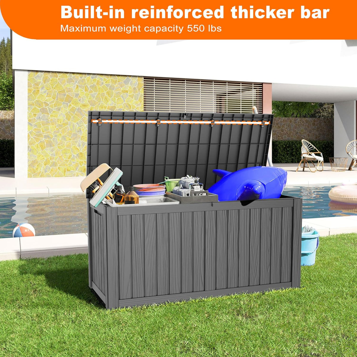 150 Gallon Deck Box,Resin Outdoor Storage Box with Lockable for Patio Furniture, Pool Accessories