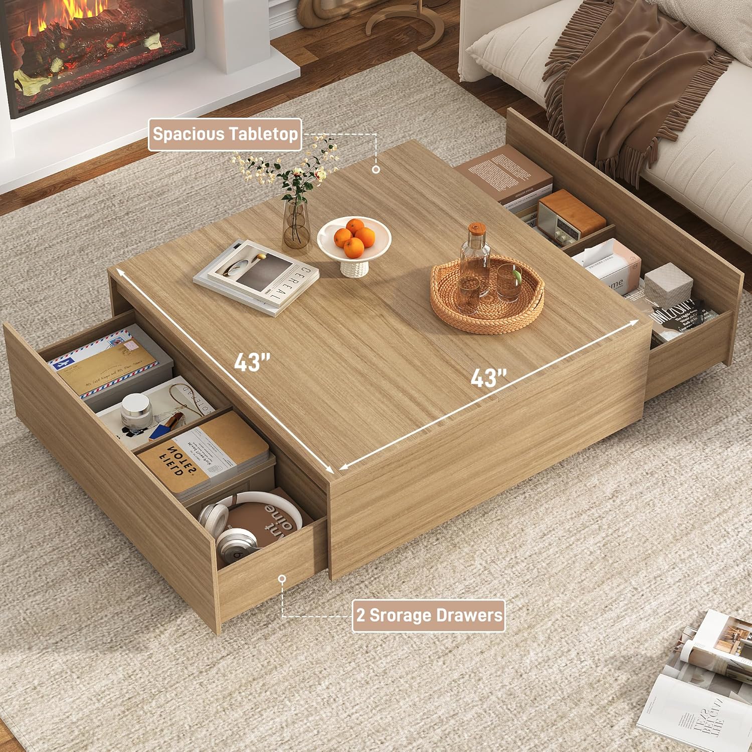 43” Square Coffee Table with Storage, 43" D x 43" W x 17" H Modern Large Square Center Table with 2