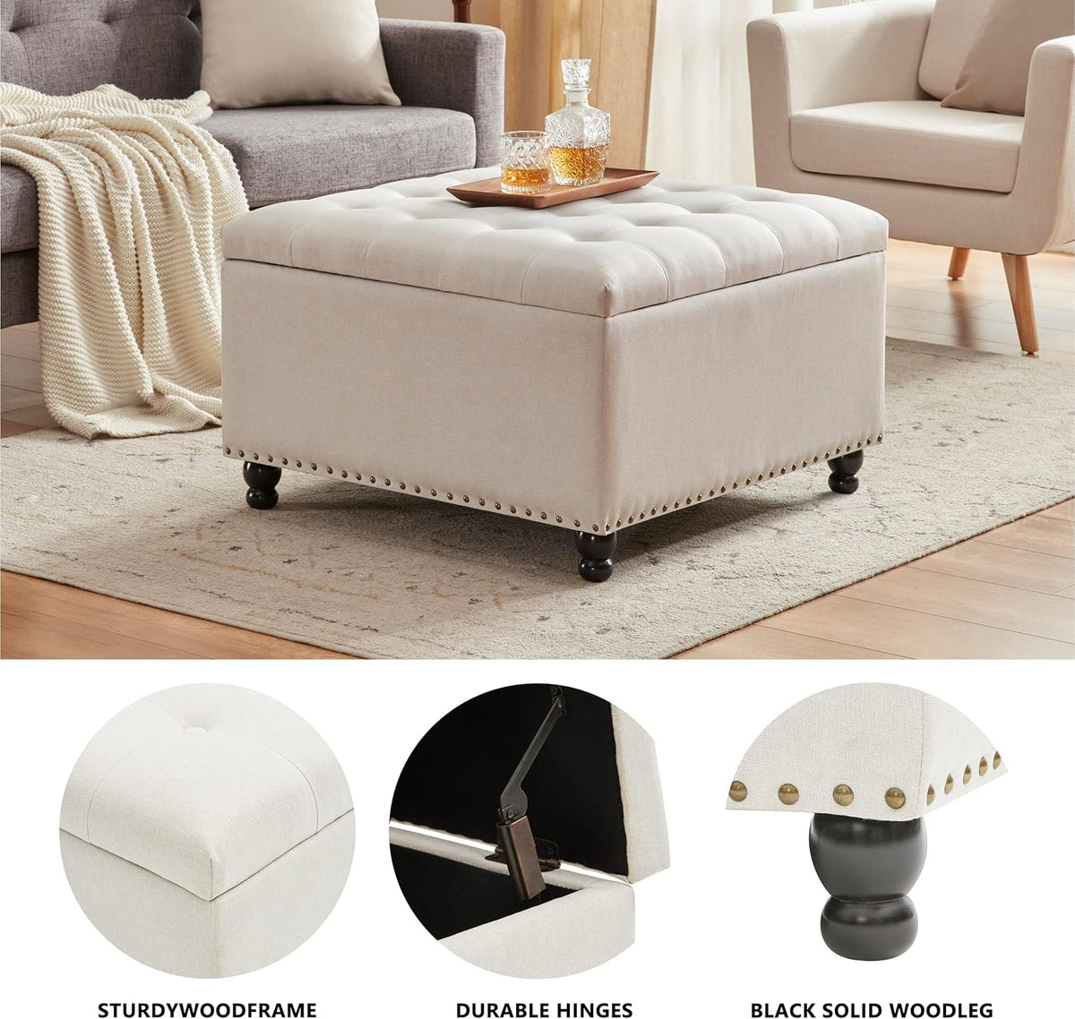 Tbfit Large Square Storage Ottoman Bench, Botton Tufted Upholstered Coffee Table with Wooden Legs