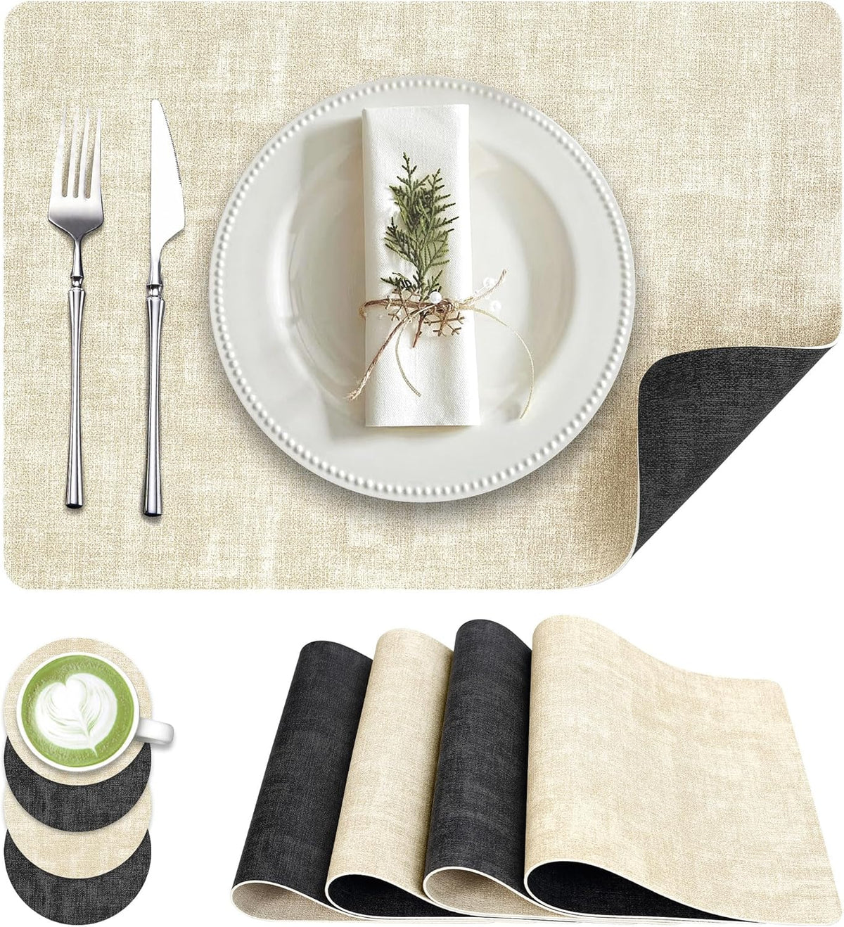 Faux Leather Dual Sided Placemats Set of 4, Square Non-Slip Heat Resistant Placemats with Coaster