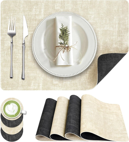Faux Leather Dual Sided Placemats Set of 4, Square Non-Slip Heat Resistant Placemats with Coaster