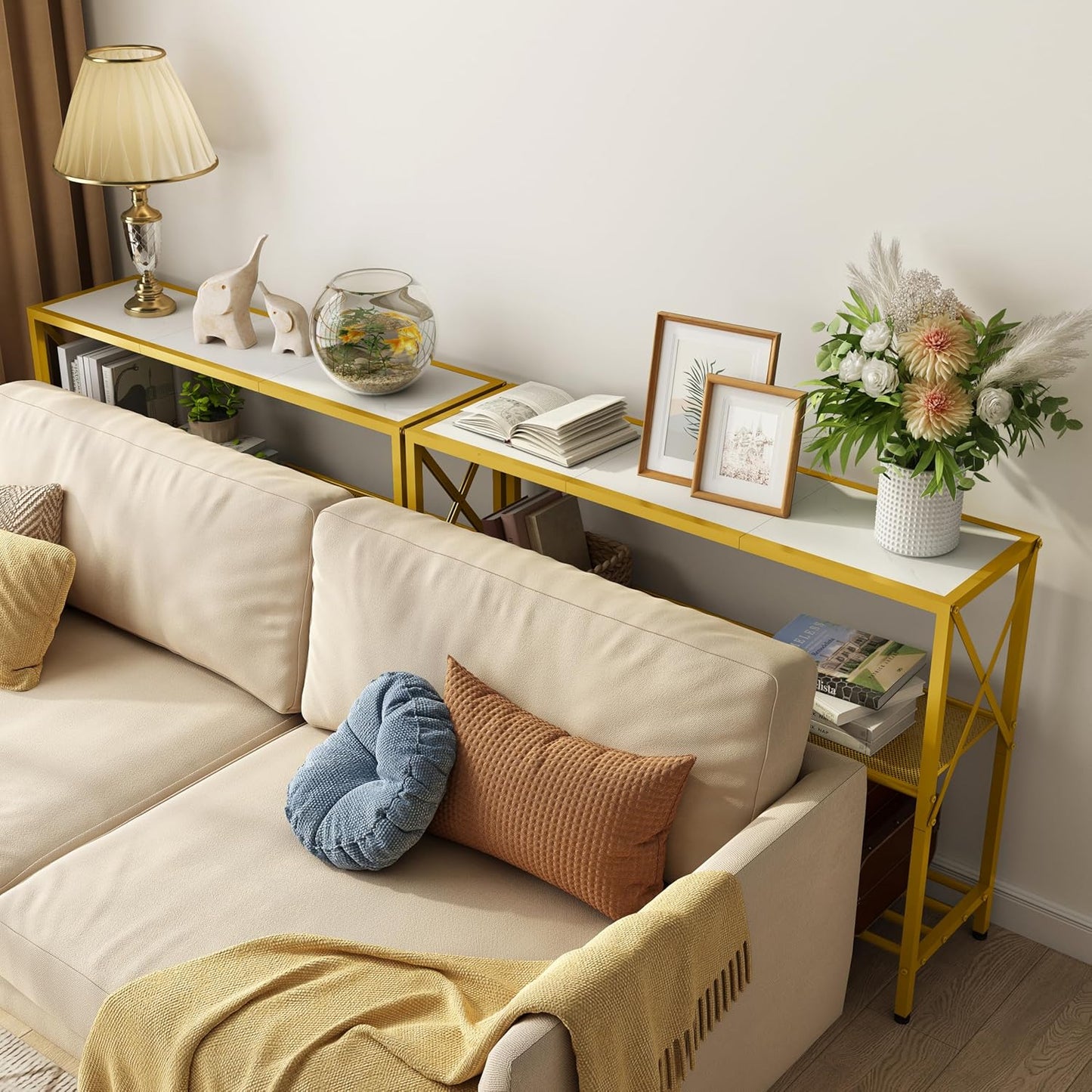 Hoctieon Gold Console Table, 3 Tier Entryway Table, Hallway Table, Narrow Sofa Table with Shelves